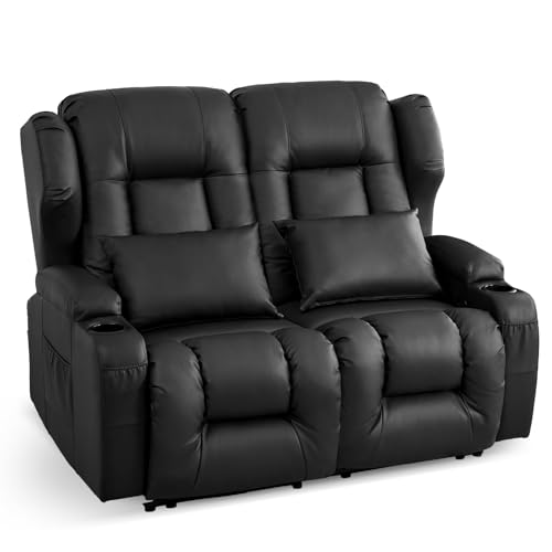 Loveseat Recliner Sofa,RV Wall Hugger Recliners for Small Spaces,Reclining Loveseat Sofa Recliner with Cup Holders/Lumbar Pillows,RV Furniture (Black, 56" 2-Seater) - color: Black, size: 56" 2-Seater