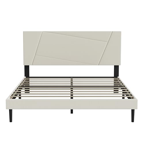 Queen Size Upholstered Bed Frame Frame with Headboard，Velvet Beige | Geometric Head Board Platform Bed, Sturdy Wooden Slats, Noiseless No Box Spring Required, Easy to Assemble - color: Beige, size: Queen