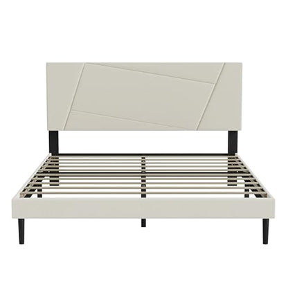 Queen Size Upholstered Bed Frame Frame with Headboard，Velvet Beige | Geometric Head Board Platform Bed, Sturdy Wooden Slats, Noiseless No Box Spring Required, Easy to Assemble - color: Beige, size: Queen