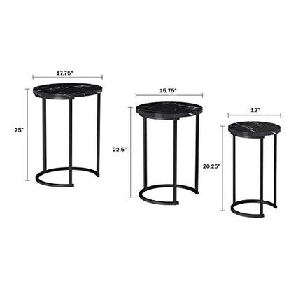 Lavish Home Round Nesting Tables Set of 3, Faux Marble Tabletop, Black | 25”H / 22.5”H / 20.25”H Modern Side Tables, Space Saving Accent Table Set, for Living Room, Bedroom, Dorm or Home Office - color: Black Marble