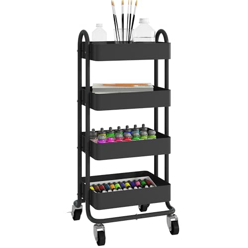 4-Tier Metal Rolling Cart with Wheels,4 Tier Utility Cart with Wheels for Office,Home,Kitchen,Garden（13.4"x18.1"x40"） Black - color: Black, size: 40"H