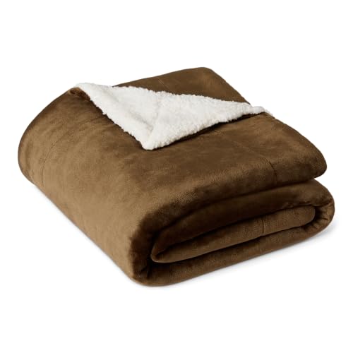 Amazon Basics Reversible Sherpa Throw Blanket, Soft Flannel and Plush, 50"x60", Brown - color: Brown, size: Throw (50"x60")