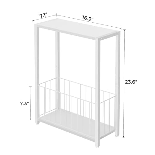 Homleke Narrow Side Table with Magazine Holder, Skinny End Table | Space-Saving Design, Small Spaces, Storage Shelf, Metal Frame, Easy Assembly, 7.1" D x 16.9" W x 23.6" H, White - color: White - Standard
