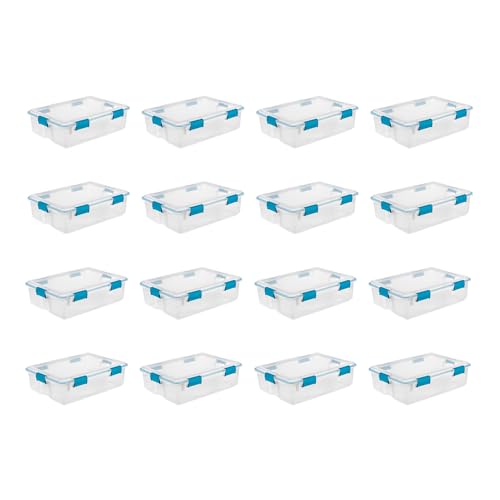 Sterilite Gasket Storage Box with Lids for Home & Office, 37 Quart, 16-Pack | Heavy-Duty, Stackable, and Organizing Containers for Bathroom, Cabinet, Closet, and Garage, Clear and Blue Aquarium Latches - size: 37 Quart, style: 16 Pack