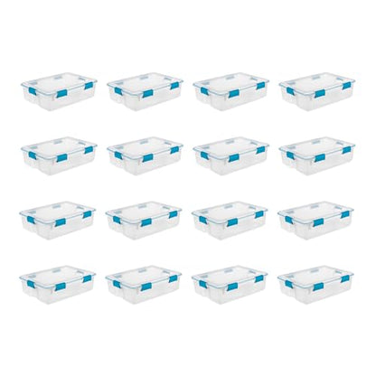 Sterilite Gasket Storage Box with Lids for Home & Office, 37 Quart, 16-Pack | Heavy-Duty, Stackable, and Organizing Containers for Bathroom, Cabinet, Closet, and Garage, Clear and Blue Aquarium Latches - size: 37 Quart, style: 16 Pack