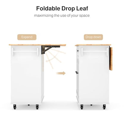 47.6" Kitchen Island with Storage, Drop Leaf, Knife Holder, White | Kitchen Island on Wheels with Door Cabinet, Drawer, Spice Rack, Towel Rack, and Knife Holder for Kitchen Storage - size: 47.6 Inch-White