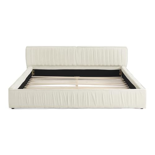 Queen Size Upholstered Bed Frame, Modern Grounded Bed with Solid Wood Slats, Pleated Headboard, Sturdy Construction, No Box Spring Needed, Grey (Beige, Queen) - color: Beige