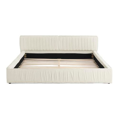 Queen Size Upholstered Bed Frame, Modern Grounded Bed with Solid Wood Slats, Pleated Headboard, Sturdy Construction, No Box Spring Needed, Grey (Beige, Queen) - color: Beige