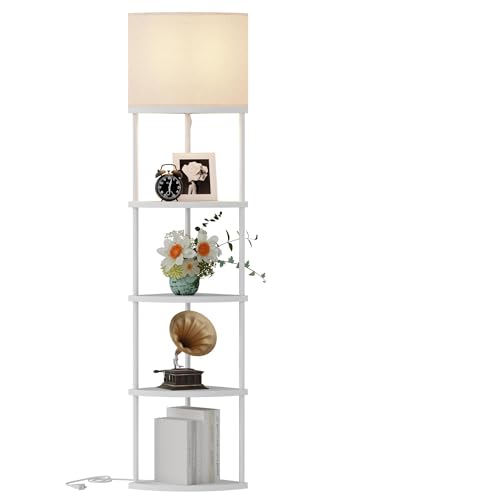 Qupui Floor Lamp with Shelves, 61.5" 5-Tier, 3-Color LED, White | Fabric Shade With Soft Cozy Light. 3 Color Temperatures 12W LED. 5 Tiers, 22 Lbs Each. Durable Composite Panels, Metal Frame - color: 5-Tier White