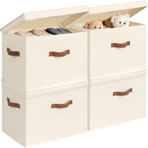 CHICVITA 4-Pack Large Fabric Storage Bins with Lids for Shelves, Ivory | 17.1" x 11.2" x 11.6" Decorative Storage Boxes with Handles for Clothes Fit Closet, Toy Box with Support Plate for Playroom - color: Ivory, size: 30L (17.1"L x 11.2"W x 11.6"H)