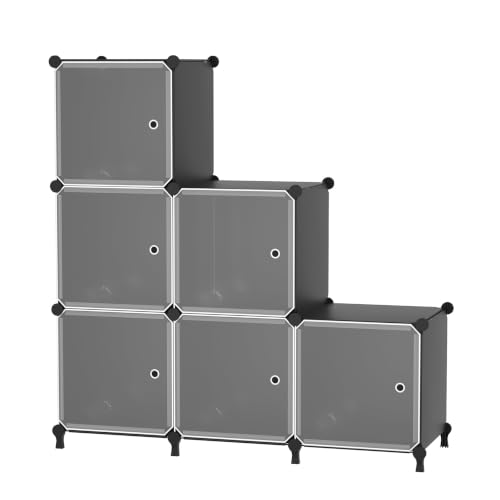 6Cube Storage Organizer Modular Stackable with Doors Black | Sturdy plastic 6-cube cabinet with doors, 30x30x30cm per cube, tool-free snap assembly, ideal for bedroom, stairs, closet - color: Black