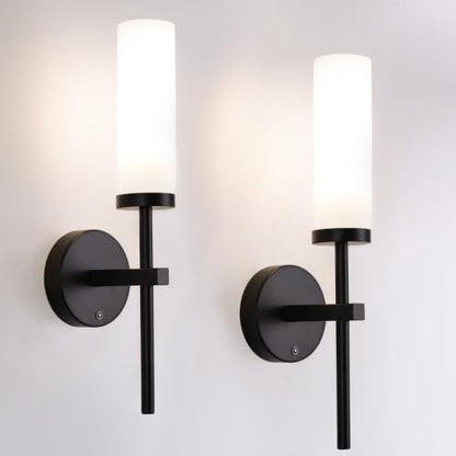 Shenmoyl Battery Operated Wall Sconces Set of 2, Black Rechargeable Wall Lighting Fixtures, Dimmable Wall Lights with Remote & Opal Glass Shade for Living Room, Bathroom,Bedroom - color: Black - Opal Glass