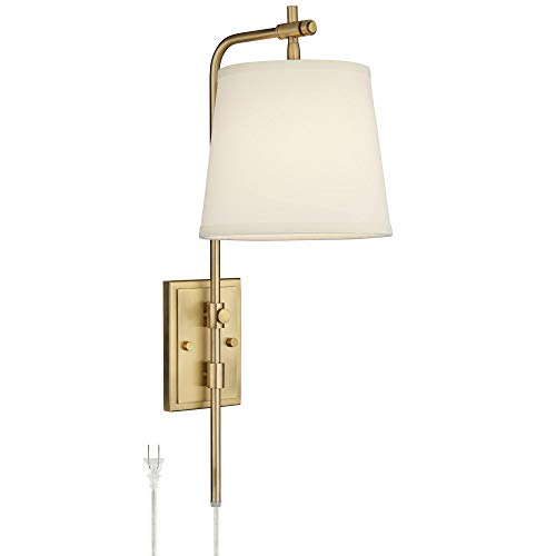 Seline Warm Gold Adjustable Plug-In Wall Lamp with Dimmer Light Fixture | Modern Mounted Dimmable Metal Off White Tapered Drum Shade for Bedroom Bedside House Reading Living Room Home Hallway Dining