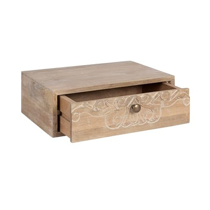Kate and Laurel Mirza Transitional Carved Wood Floating Side Table, 18 x 12 x 6, Natural Wood, Mounted Solid Wood Wall Shelf with Drawer for Storage