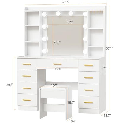ANWBROAD 9-Drawer Makeup Vanity Desk with Mirror and Lights, White | Vanity Table with Cushioned Stool, 3 Colors Lights, Power Outlet, 6 Open Shelves, 5 Hooks Dressing Table for Girls Women