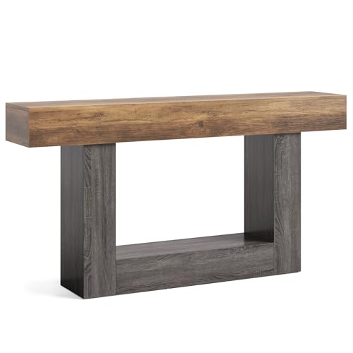 LITTLE TREE 63 Inches Long Console Table, 2-Tier Farmhouse Sofa Table Behind Couch, Large Narrow Entryway Table for Living Room, Wooden Hallway Foyer Table with Heavy Duty Base, Rustic Brown and Grey - color: Rustic Brown and Grey