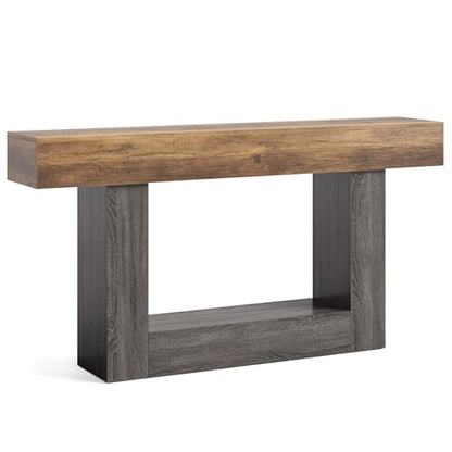 LITTLE TREE 63 Inches Long Console Table, 2-Tier Farmhouse Sofa Table Behind Couch, Large Narrow Entryway Table for Living Room, Wooden Hallway Foyer Table with Heavy Duty Base, Rustic Brown and Grey - color: Rustic Brown and Grey