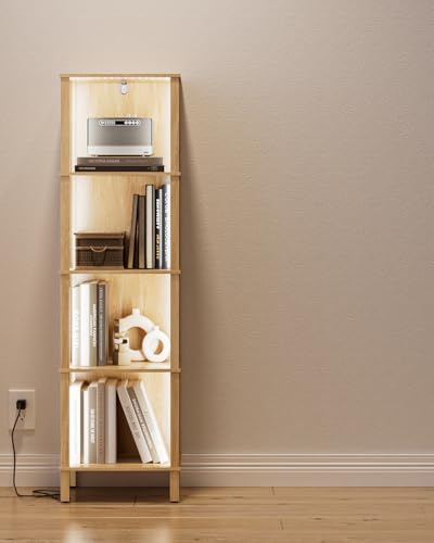 Bookshelf with LED Lights, Modern 4-Tier Bookcase, Open Storage Book Shelf, 11 × 14.2 × 50.4 Inches, Small Narrow Bookshelves for Living Room, Home Office, Bedroom, Natural - color: Natural