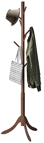kiplant Bamboo Wood Coat Rack Stand, Freestanding Coat Tree with 8 Hooks, Hallway Entryway Hat Hanger Organizer Standing for Bedroom, Office, Clothes, Jackets, Bags, Umbrallas - color: Brown