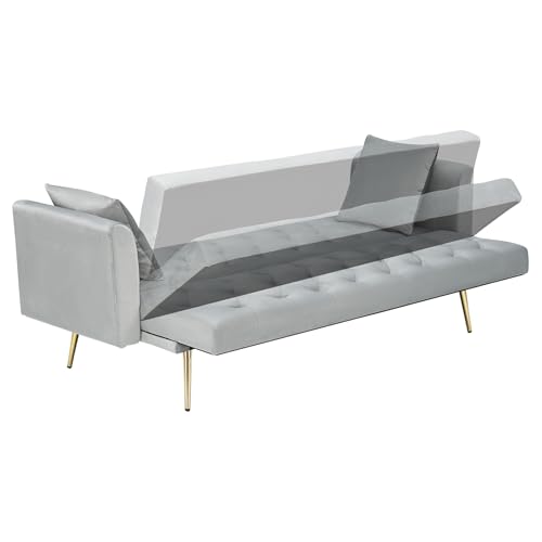 71" Modern Velvet Sofa Bed Futon, Convertible Sleeper Couch, Adj. Backrest | Tufted Recliner Loveseat Design with Golden Chrome Legs & 2 Pillows, Perfect for Small Spaces, Living Room, Apartment - color: Grey