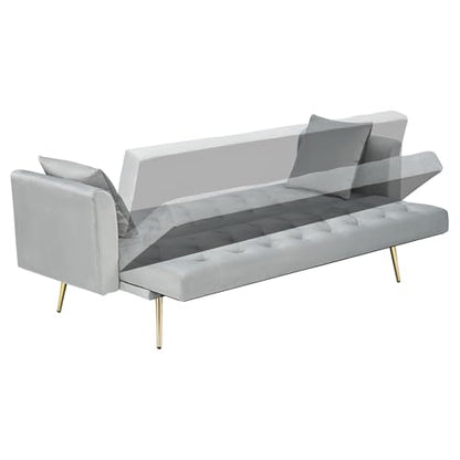 71" Modern Velvet Sofa Bed Futon, Convertible Sleeper Couch, Adj. Backrest | Tufted Recliner Loveseat Design with Golden Chrome Legs & 2 Pillows, Perfect for Small Spaces, Living Room, Apartment - color: Grey
