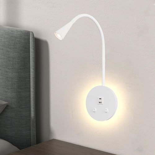 White Headboard Reading Light, 2 Pack Led Wall Mounted Book light, Bedroom Reading Lamp, USB Output, Night Light & Switch, Wall Sconce for Bedtime Reading, Gooseneck Headboard Bed Lights Wall Sconce - color: White-2 Pack