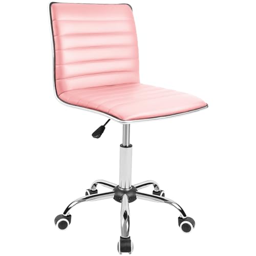 JUMMICO Armless Vanity Office Chair with Wheels, Small Cute Makeup Desk Chair Ribbed Leather Swivel Computer Task Chair (Pink) - color: Pink