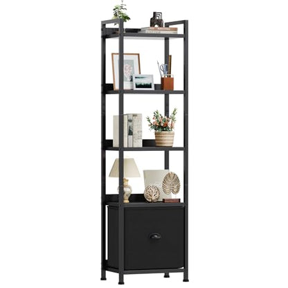 DUMOS 5 Tier Bookshelf with Fabric Drawer, Tall Industrial Bookcase, Narrow Display Standing Shelf, Wood and Metal Storage Shelf Organizer in Bedroom, Living Room, Modern Black