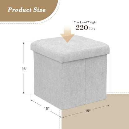 Athena Collection 15" Storage Ottoman Bench Folding Bench with 40L Hidden Storage, Small Cube Ottoman Linen Foot Rest Stool Chest with Flipping Lid for Living Room, Bedroom, Entryway, Light Gray