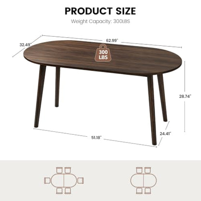 63" Oval Dining Room Table for 4-6 | Modern Wooden Dining Table, Solid Wood Legs, Kitchen Table, Dining Room, Office, Living Room, Walnut - color: Walnut
