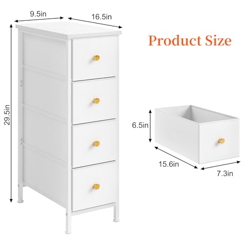 Fixwal Narrow Storage Cabinet, Slim Dresser with 4 Fabric Drawers, White | 9.5in width, sturdy & stable structure, solid steel frame, wooden top, suitable for bedroom, bathroom & laundry room - color: White, size: 16.5"D x 9.5"W x 29.5"H (4 Drawers)
