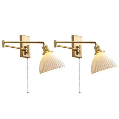 Gold Wall Sconces Set of 2 Modern Bathroom Sconces Wall Lighting Brushed Brass Wall Mount Light Fixture Milk Glass Swing Arm Wall Sconces with Pull Chain Bedroom Hardwired Wall Lamps MWL14D-2 - color: D-2Pack