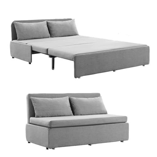 BALUS 64" W Queen Size Pull Out Sleeper Sofa Bed Pull Out Couch -Light Grey | 2 in 1 Convertible Bed, Linen Loveseat Sofa, with Pillow and Tri-fold Mattress,Loft Sofa for Small Space - color: Light Grey, size: Queen