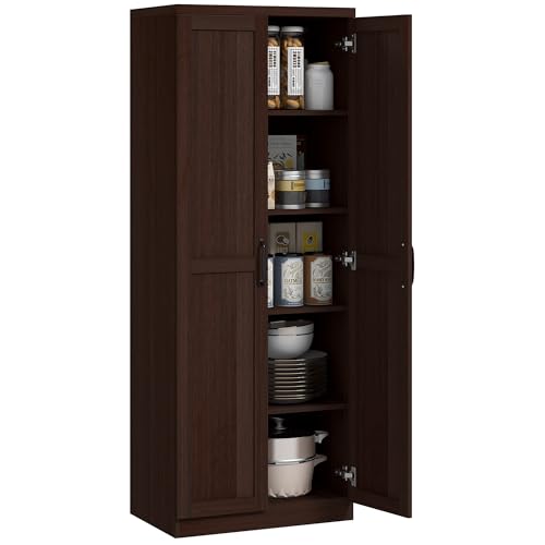 HOMCOM 63" 2-Door Kitchen Pantry 5-Tier Cinnamon Cherry Wood Grain | Freestanding Storage Cabinet, Shelving, 2 Adjustable Shelves, for Dining Room - color: Cinnamon Cherry Wood Grain
