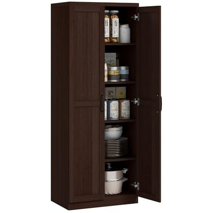 HOMCOM 63" 2-Door Kitchen Pantry 5-Tier Cinnamon Cherry Wood Grain | Freestanding Storage Cabinet, Shelving, 2 Adjustable Shelves, for Dining Room - color: Cinnamon Cherry Wood Grain