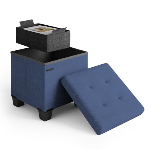 Storage Ottoman Cube with Small Bin, 15-in Square Ottoman with Storage for Living Room and Bedroom, Small Ottomans Foot Rest, Fabric Foot Stools Ottomans Max 330lbs, Blue - color: 05 - Blue