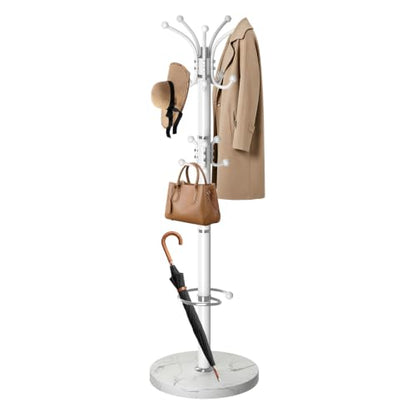 Metal Coat Rack, Modern Coat Rack Stand, 360°Rotary Coat Tree Stand | Heavy Duty Coat Rack Freestanding with Natural Marble Base, White Clothes Tree Hanger Stand with 14 Hooks & Umbrella Holder - color: White-16Hooks