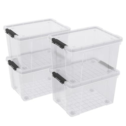32 Quart Clear Plastic Latch Storage Bins with Wheels, 4 Pack | Large Clear Plastic Storage Box with Lid, Secure Black Side Latches, Built-In Rolling Wheels - size: 32 quart