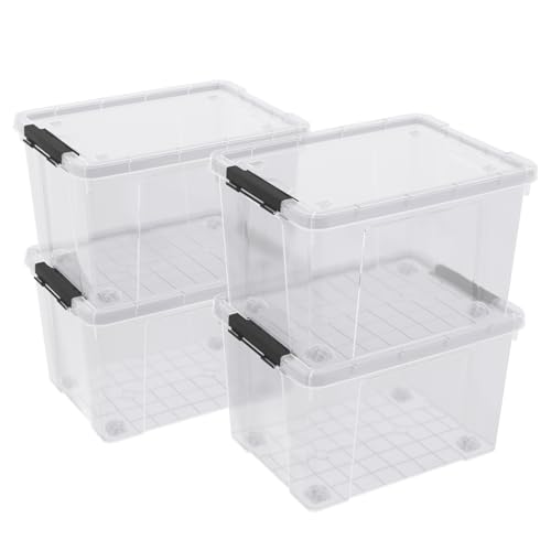 32 Quart Clear Plastic Latch Storage Bins with Wheels, 4 Pack | Large Clear Plastic Storage Box with Lid, Secure Black Side Latches, Built-In Rolling Wheels - size: 32 quart