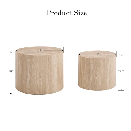 Ya-Home Modern Round Coffee Tables Nesting Table, Wood Set of 2 End Table Side Table for Living Room Balcony Office, No Assembly Required - color: Travertine
