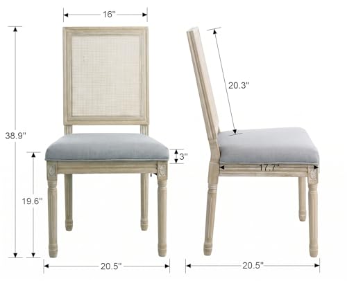 Kmax Farmhouse Dining Room Chairs, Fabric French Distressed Bedroom Chairs with Rectangle Rattan Back, Elegant Tufted Kitchen Chairs, Set of 6, Grey, Solid Wood Frame - color: Brown Wash/Rattan Grey, size: 6 Chairs