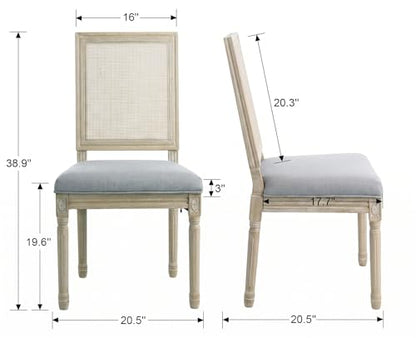 Kmax Farmhouse Dining Room Chairs, Fabric French Distressed Bedroom Chairs with Rectangle Rattan Back, Elegant Tufted Kitchen Chairs, Set of 8, Grey - color: Brown Wash/Rattan Grey, size: 8 Chairs