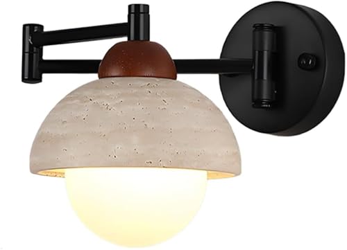Matte Black Swing Arm Wall Sconce, Adjustable E26 Hardwired Vanity Light, Modern Travertine Lamp for Bedroom Bedside, Bathroom, Living Room