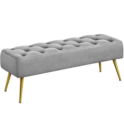 Yaheetech 45in Upholstered Velvet Ottoman Bench Seat with Gold Legs, Gray | Tufted Upholstered Bench Seat, Bed Bench with Tapered Gold Metal Legs, Sized for Window Seat Entryway Living Room - color: Grey