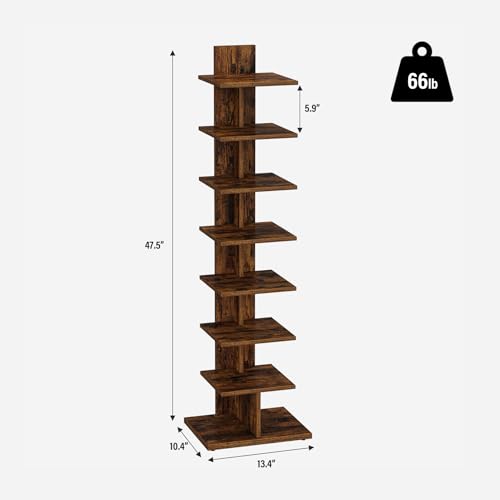 TUTOTAK Book Shelf, Narrow Spine Bookshelf, 8-Tier Bookcase for Small Space | 10.4 x 13.4 x 47.5 Inches Vertical Freestanding Corner Shelf for Living Room, Office, Study, Entryway, Brown BS06BB008 - color: Brown, size: 8 Tier