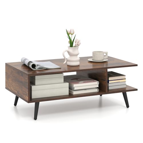 Giantex Coffee Table with Storage, Mid Century Modern Center Table for Living Room, Rectangle Tea Table with Open Storage Shelf & Floor-Anti-Scratching Tapered Metal Legs, Rustic Brown (Rustic Brown) - color: Rustic Brown