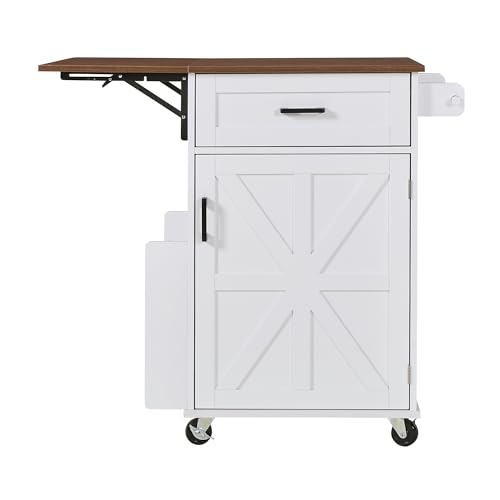39.3"Farmhouse Kitchen Island with Open Side Rack and Drop Leaf and,Small Kitchen Rolling Cart with Drawer and Storage Cabinet, Narrow Mobile Dining Table with Lockable Wheels and Towel Rack White - color: White