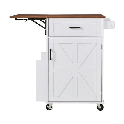 39.3"Farmhouse Kitchen Island with Open Side Rack and Drop Leaf and,Small Kitchen Rolling Cart with Drawer and Storage Cabinet, Narrow Mobile Dining Table with Lockable Wheels and Towel Rack White - color: White