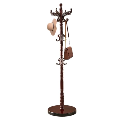Wood Coat Rack Stand Vintage Coat Rack Freestanding with 14 Hooks - color: Dark Red-Round Base