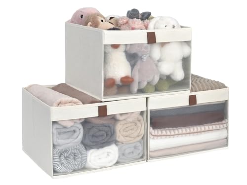StorageWorks Closet Storage Bins, Extra Large Storage Baskets with Clear Window and Handles, Foldable Fabric Organizer for Clothes, Shelves, Beige, 3 Pack - color: Beige, size: 14 ½"L x 14 ½"W x 10 ¼"H